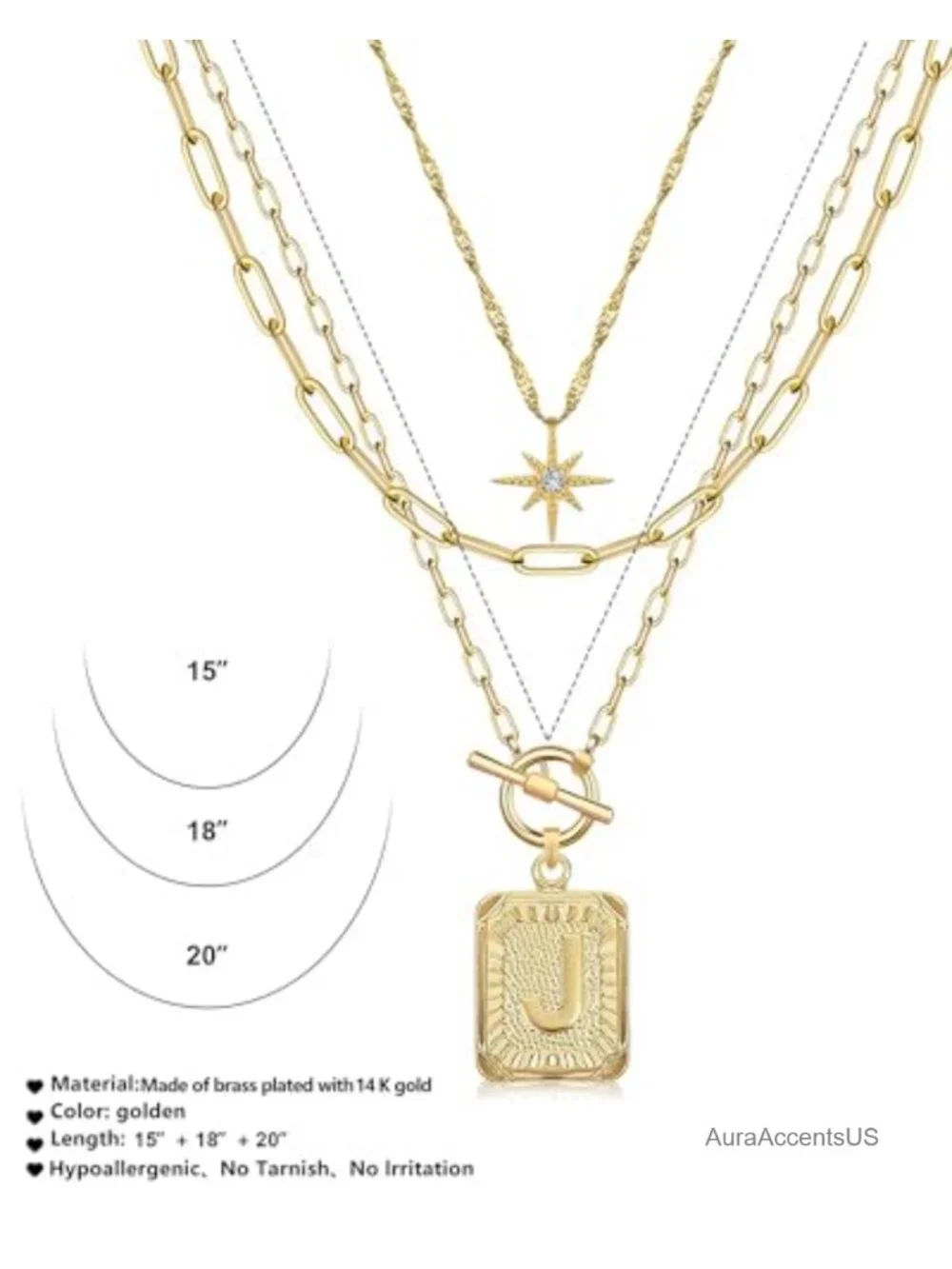 Layered Initial Necklace for Women Paperclip Chain 14k White Gold Plated 3
